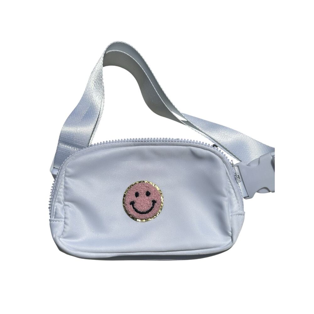 White Fanny‎ Pack Crossbody Bag Pink Smiley Face Patch Festival Y2K Travel Waist